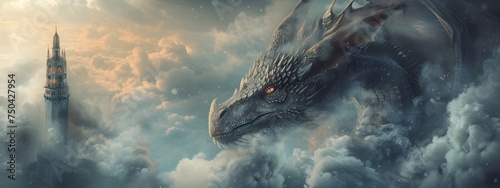 A elder dragon in fairy tale on fantasy castle illustration.