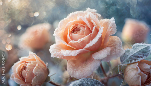 Frosted Peach Fuzz roses bloom in winter’s chill, showcasing nature’s icy beauty.
