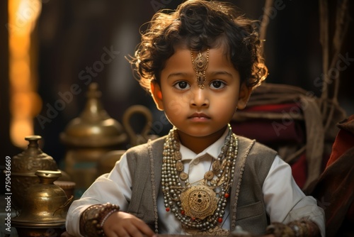  Close-up photo capturing the inquisitive and entrepreneurial spirit of a young Vaishya child, dressed in traditional attire and perhaps holding symbolic items representing business or trade, reflecti