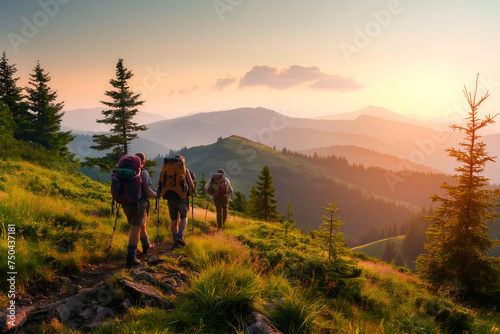 Group of sporty people hiking in mountain