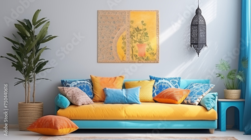 Ramka na obraz lub zdjęcie na ścianie - mockup. Wystrój wnętrza salonu marokańskiego - dekoracja 