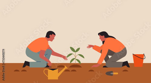 Man and Woman Plant Tree, Sustainable Agriculture for a Greener Earth-Friendly Concept, Vector Flat Illustration Design