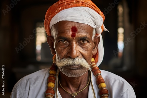  Photo of a middle-aged Brahmin man in traditional Indian attire, wearing a dhoti and kurta, with a tilak on his forehead, symbolizing his affiliation with the Brahmin caste