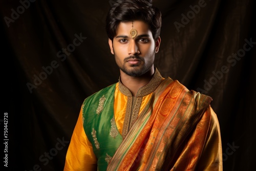  Photo of a Kshatriya young man in traditional Indian attire, donning a colorful sherwani or kurta with a dhoti or churidar, exuding confidence and strength befitting his Kshatriya lineage