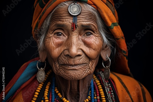  Photo of a respected elderly Shudra woman, her weathered face reflecting a lifetime of hard work and sacrifice, dressed in humble attire, yet radiating dignity and strength characteristic of elder Sh
