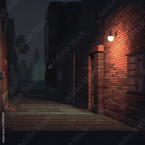 Street with brick houses and lanterns at night. Vector illustration.