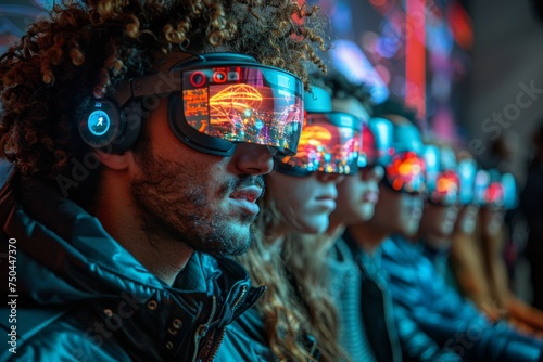A group of friends wearing augmented reality (AR) glasses, playing an interactive game overlaying digital elements