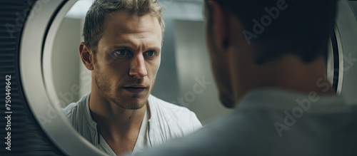 Contemplative man examining his reflection in a mirror at night with tired eyes and messy hair