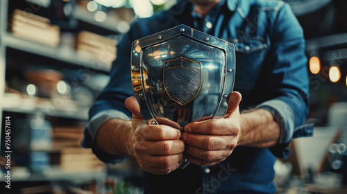 Man confidently holding a transparent shield with golden emblem
