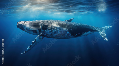 Full-body view of a large swimming humpback whale in the ocean