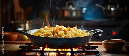Freshly Cooked Pasta Sizzling in a Steaming Pot on the Stove