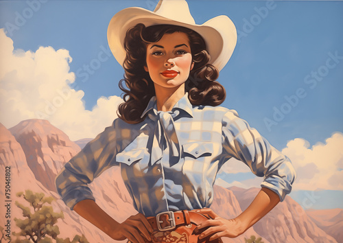 brunette cowgirl wearing red plaid western shirt with hands on hips in desert mountain range vista vintage americana painting