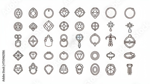 Jewelry line icon set. Included icons as gems, gemstones, jewel, accessories, ring and more. 