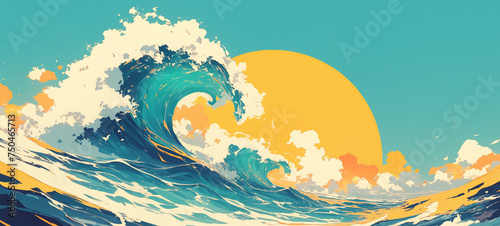 artful contemporary minimal style illustration, big wave in raging ocean against blue sky and sunset background, powerful strong feeling, Ai Generated