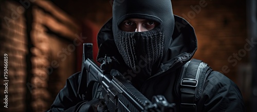 Sinister Figure in Balaclava Holds Gun, Staring Intensely at the Camera with Malicious Intent