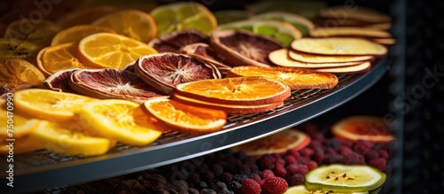 Vibrant Selection of Sliced Fruit on Dehydrator Shelves, Healthy Eating Concept