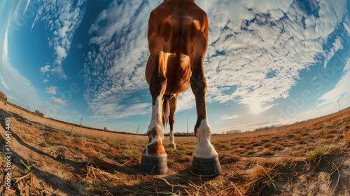 Back view of a horse against the sky. An unusual look at animals. 