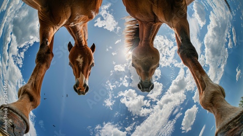 Bottom view of a horse against the sky. An unusual look at animals. Animal looking at camera