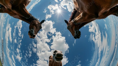 Bottom view of a horse against the sky. An unusual look at animals. Animal looking at camera