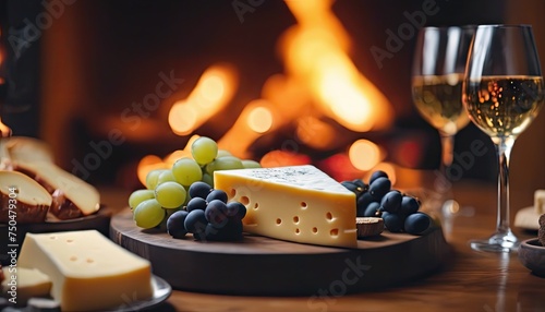A table with a cheese plate, grapes, and wine glasses