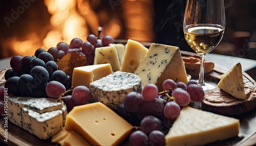 A tray of cheese and grapes is set on a table with a wine glass