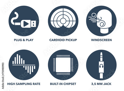 Microphone properties icons set, in circle shape