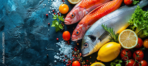 Fresh fish with fruit and vegetable, concept of heathy food 