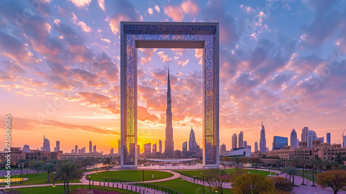 Iconic Dubai Frame Capturing the Stunning Burj Khalifa and Skyline at Sunset with Vibrant Clouds, Reflecting the Fusion of Traditional and Modern Architectural Marvels in the United Arab Emirates