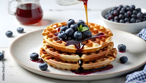 Fresh Belgian waffles with blueberry and Syrup in skillet. Isolated on white background.