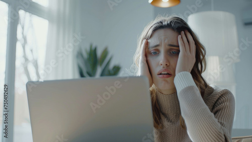 Young woman distressed with hands on face staring at laptop screen.