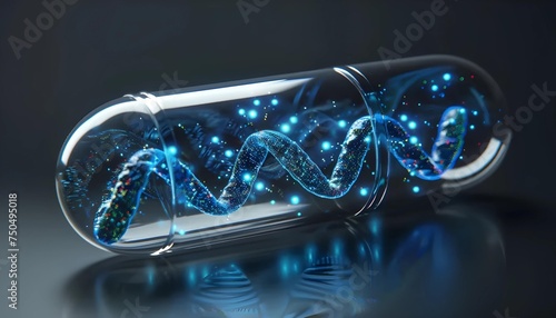 Sparkling DNA double helix inside a transparent capsule with a dark reflective background.
