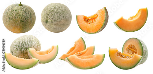 Cantaloupe cantaloupes melon fruit, many angles and view side top front sliced halved group cut isolated on transparent background cutout, PNG file. Mockup template for artwork graphic design 