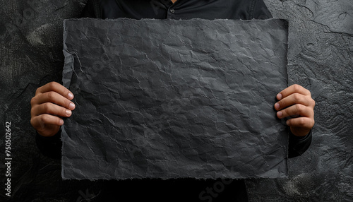 hand holding old black paper with black wall background
