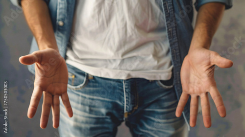 Man with empty pockets gesturing nothing with his hand