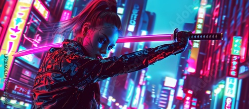 Portrait of cyberpunk geisha holding samurai katana on neon lights background. AI generated image