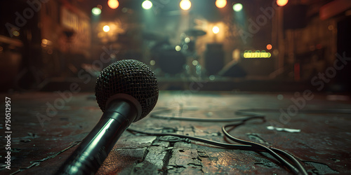 Closeup shot of a microphone set on a stage during an event with lights in the background, 