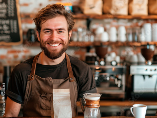 young barista is smiling and brewing coffee 