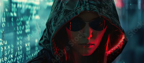 A cyberpunk female hacker wearing hoodie and glasses on neon background. AI generated image