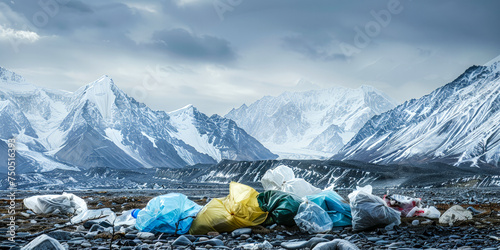 Many plastic bags waste in front of a mountain background, environment pollution concept