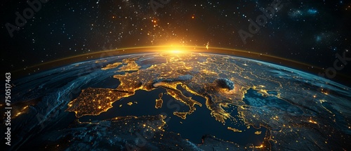 View of Europe at night from space with city lights showing human activity in Germany, France, Spain, Italy, and other countries.