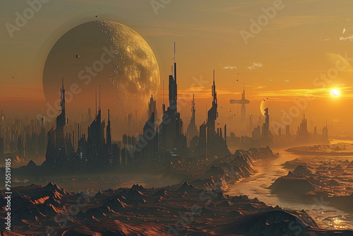A futuristic city on a distant exoplanet, powered by advanced technology. Artists view of a futuristic city under a large moon in the sky