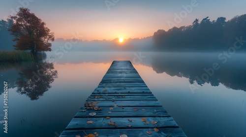 Serene sunrise over misty lake and rustic wooden pier. Concept Nature Photography, Sunrise Serenity, Misty Lake, Rustic Wooden Pier, Outdoor Morning Beauty