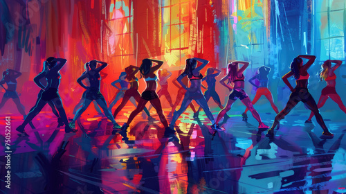 A troupe of dancers moving in sync against a backdrop of vivid, colorful brushstrokes, capturing the energy of a twilight performance