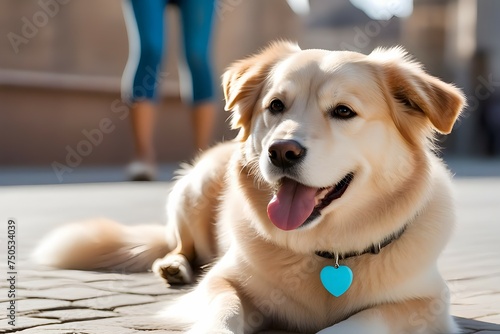 Happy dog ​​with a blue heart-shaped collar sitting on the floor 
