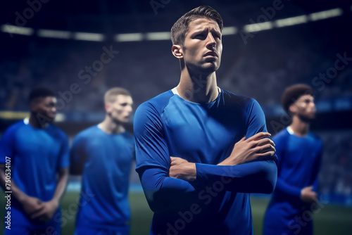 mens soccer football Dejected and down sports players looking sad and unhappy after losing a game or penalty shoot out in the match stadium depressed knocked out of the league cup tournament blue kit