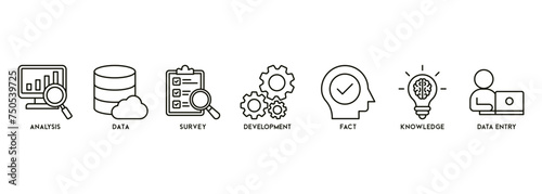 Banner research concept vector illustration with the icon of analysis, data, survey, development, fact, knowledge and data entry