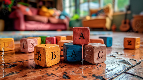 Colorful wooden blocks with letters for children. Educational toys, children's toys, teaching materials, learning and cognitive development tools.