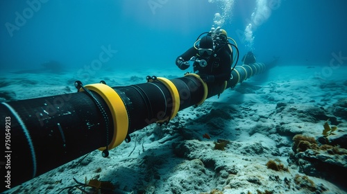 A professional diver in wetsuit is submerged in blue ocean waters, meticulously inspecting and repairing a thick black submarine fiber-optic cable to ensure global communication network integrity.