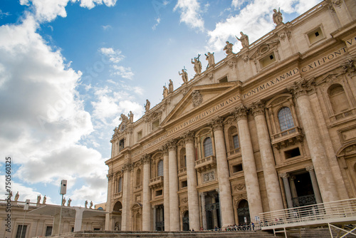 Facade of Papal Basilica of Saint Peter in the Vatican located in Rome, Italy. It's the most important and largest church in the world and residence of the Pope.