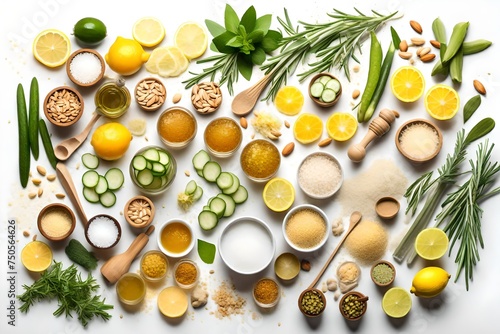 Homemade skin care with natural ingredients aloe vera, lemon, cucumber, himalayan salt, peppermint, rosemary, almonds, cucumber, ginger and honey pollen isolated on white background.
